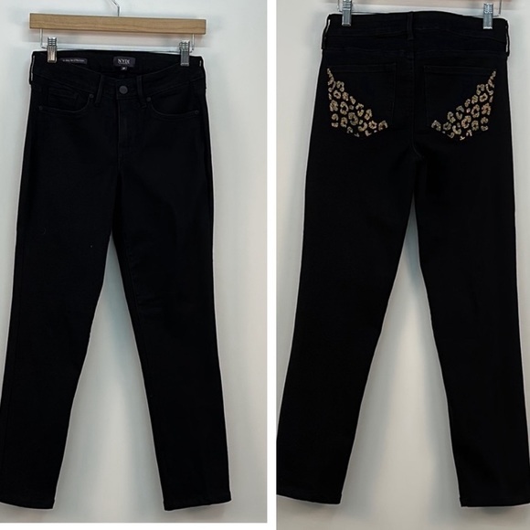 NYDJ Marilyn Straight Jeans With Catwalk Pocket Rhinestone Embroidery 2 Petite - Picture 1 of 15